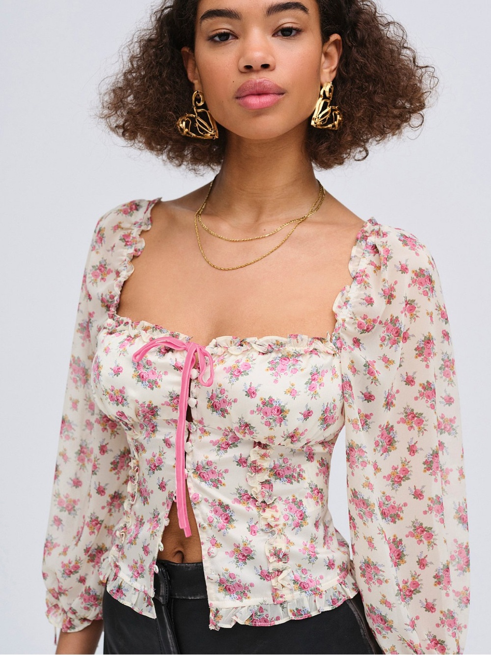 NWT (M) For Love & Lemons Etienne Square Neck fitted blouse top